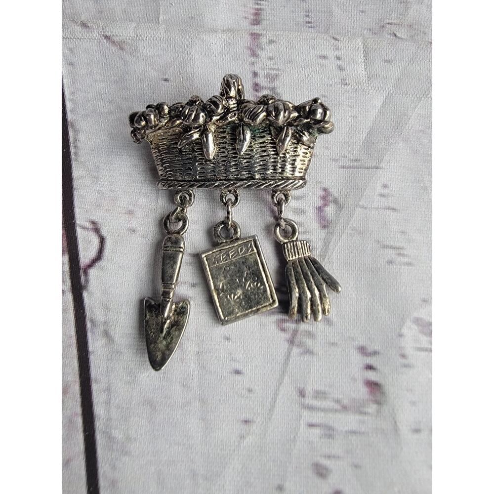 Vintage Gardener Theme Brooch Dangle Seeds Gloves Tool Basket Flowers 2.25in